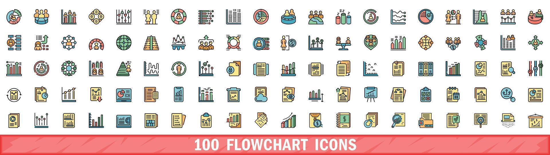 100 flowchart icons set, color line style vector