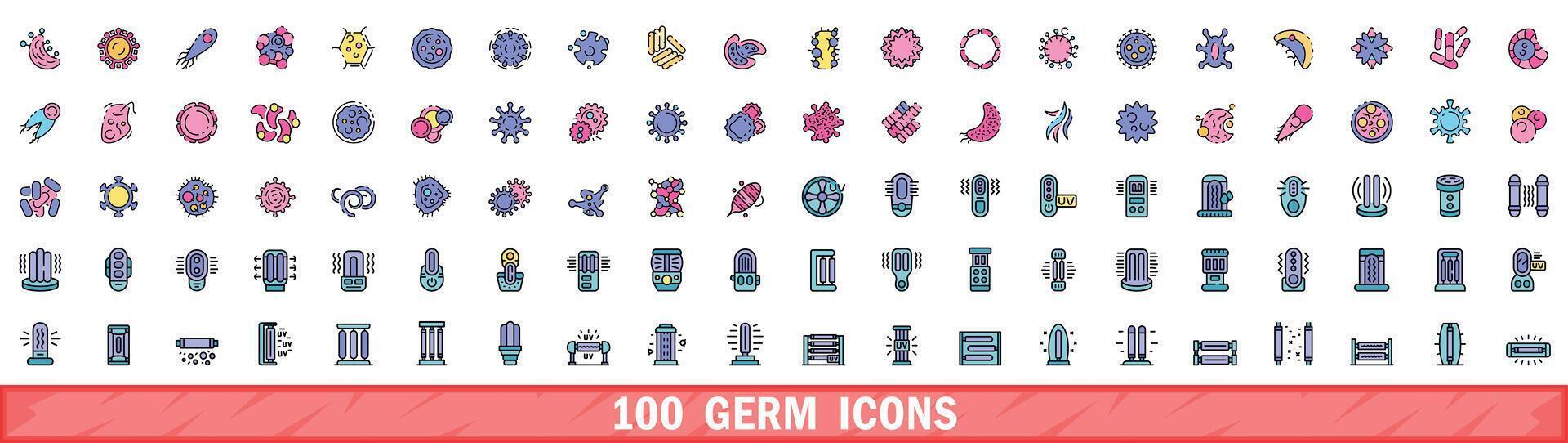 100 germ icons set, color line style vector