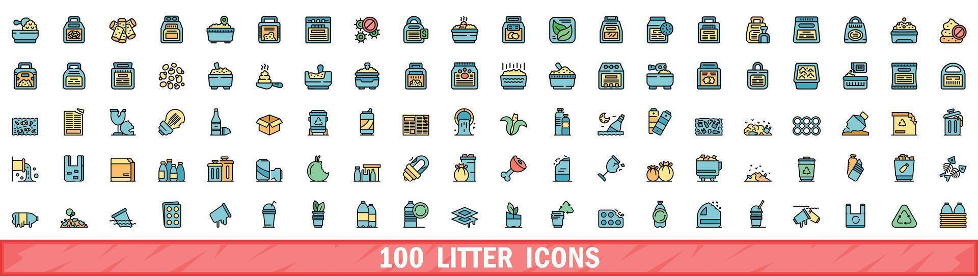 100 litter icons set, color line style vector