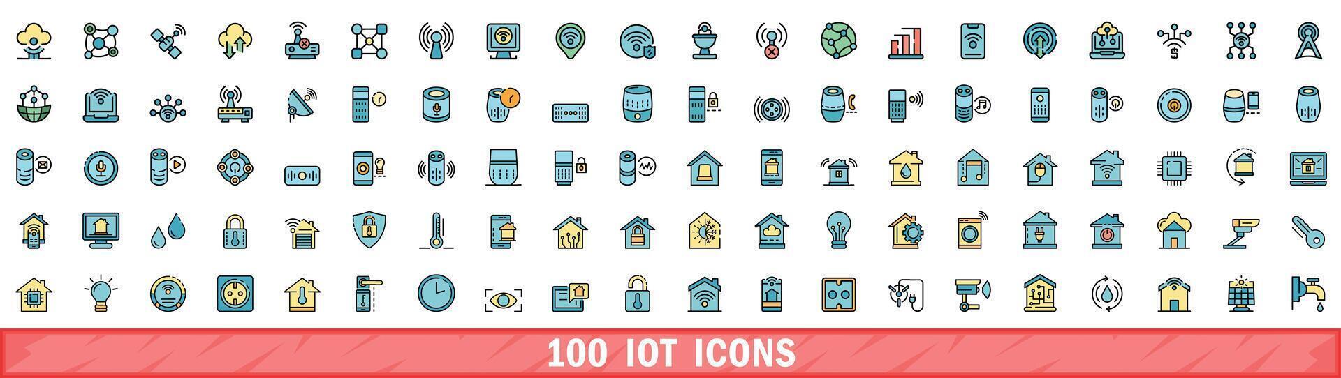 100 iot icons set, color line style vector