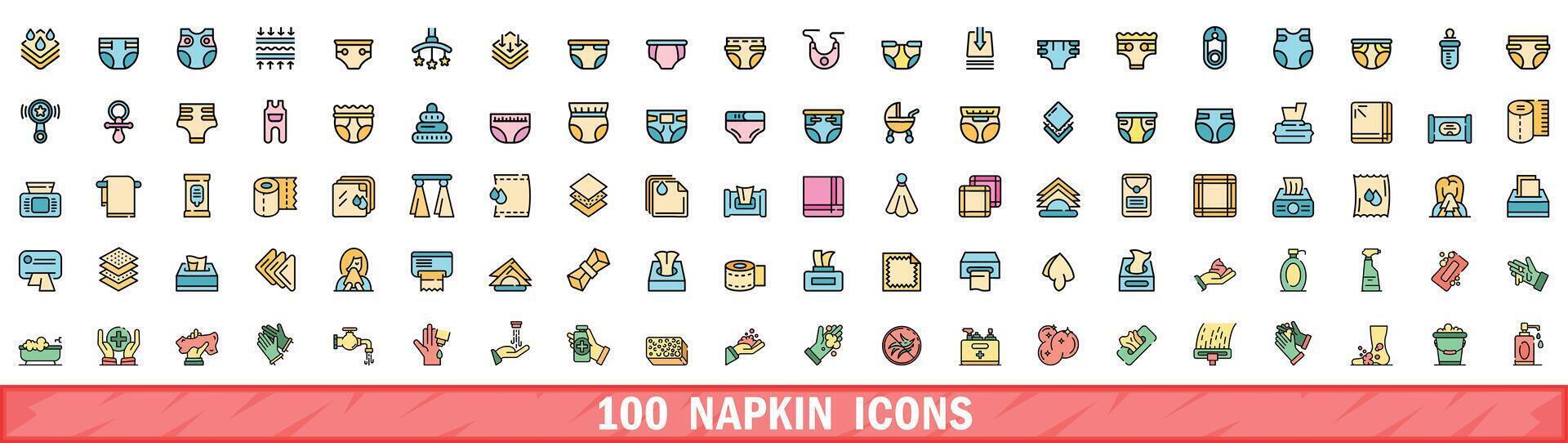 100 napkin icons set, color line style vector