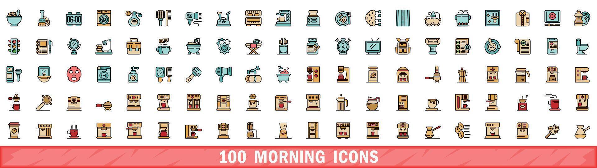 100 morning icons set, color line style vector