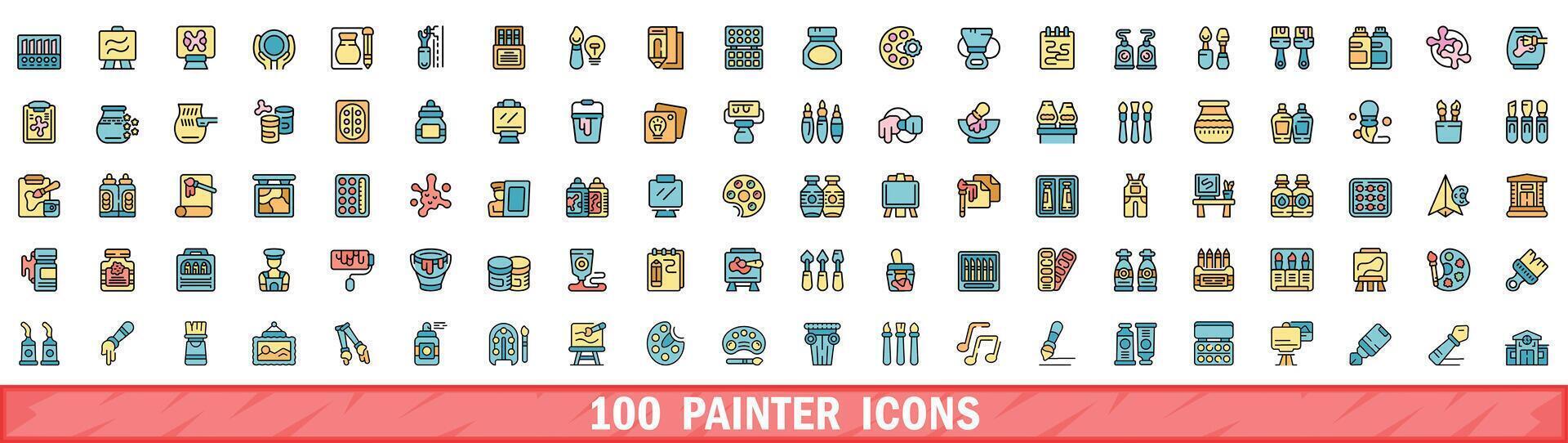 100 painter icons set, color line style vector