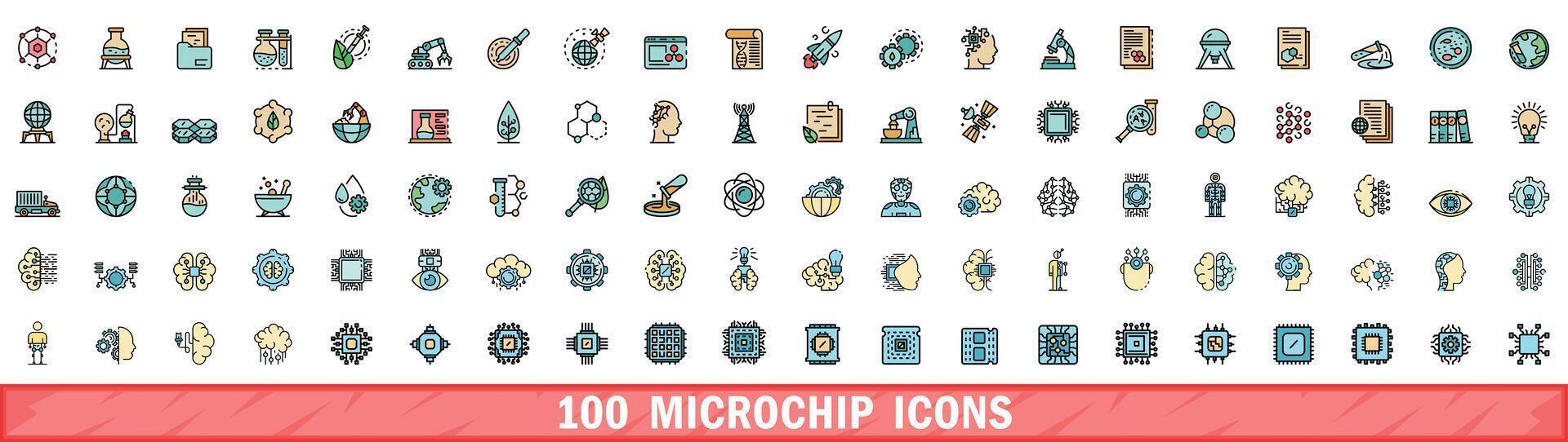 100 microchip icons set, color line style vector