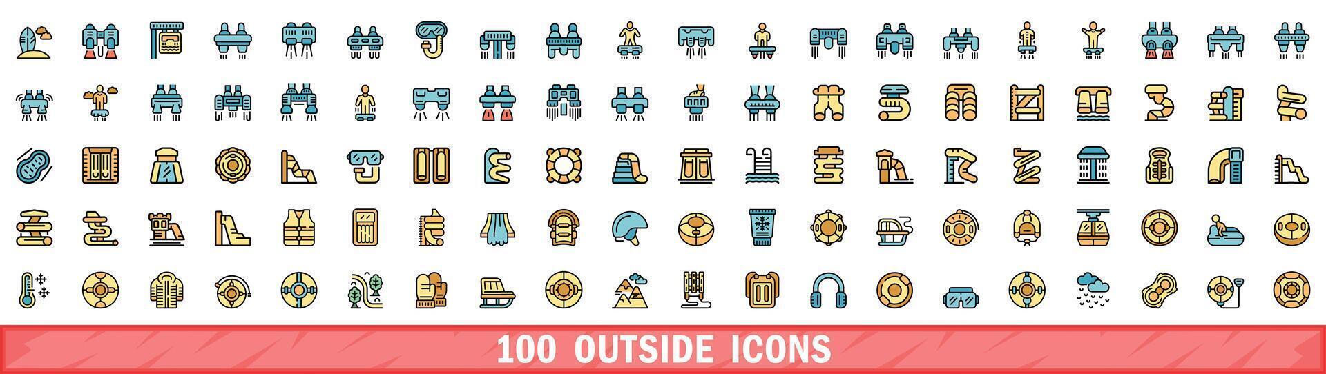 100 outside icons set, color line style vector