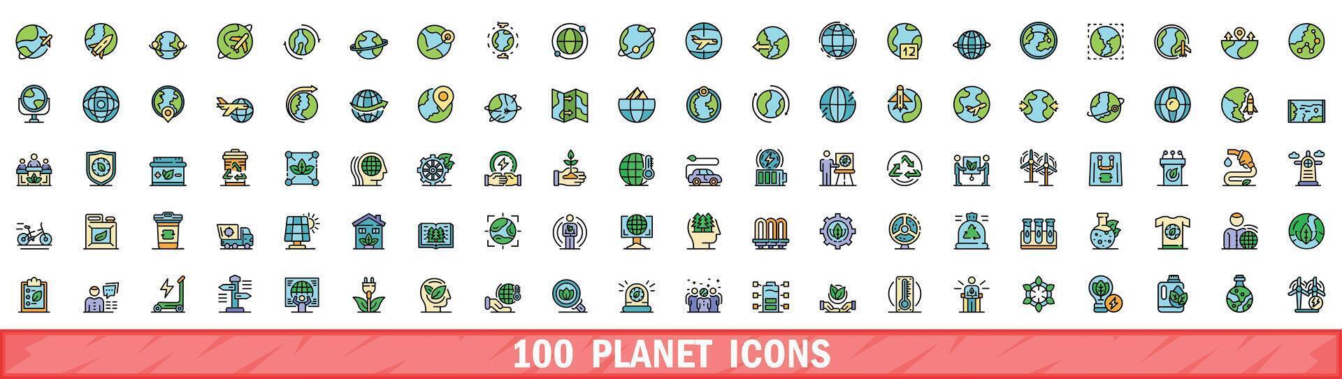100 planet icons set, color line style vector