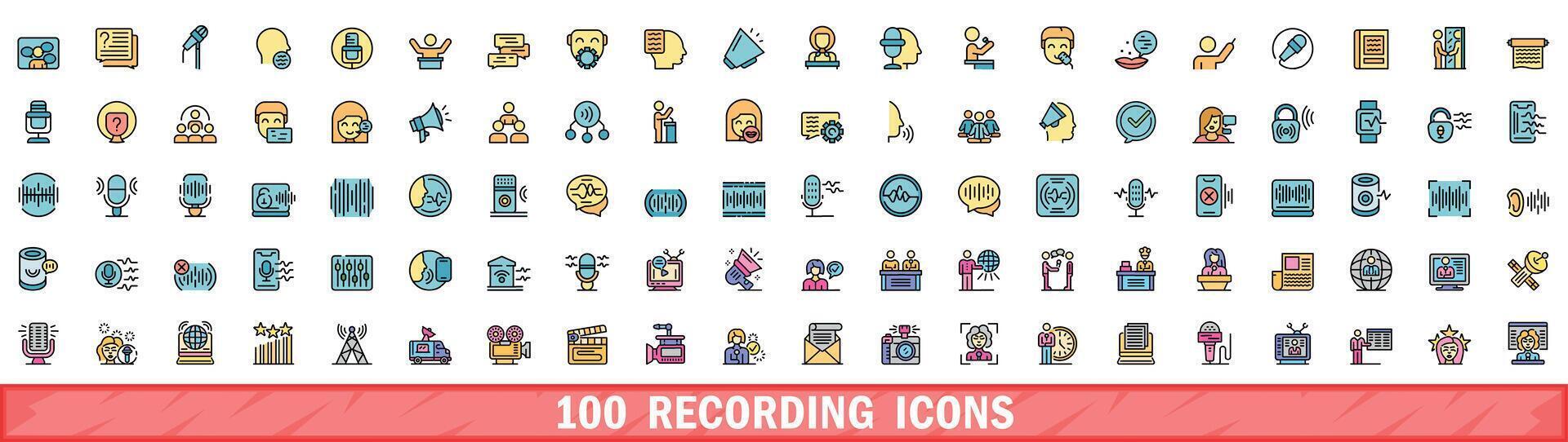 100 recording icons set, color line style vector
