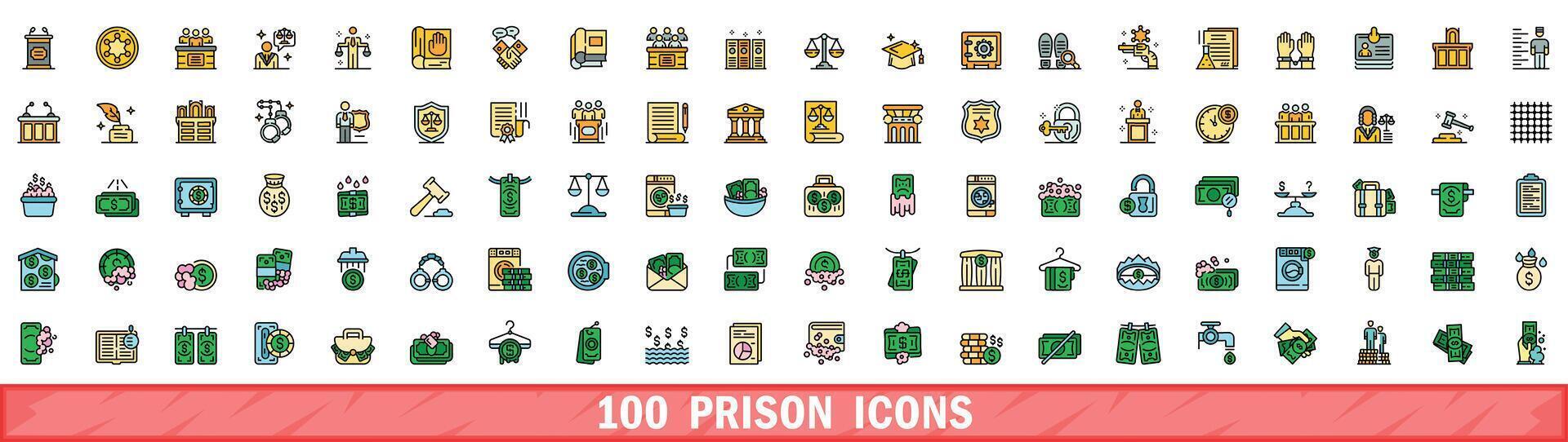 100 prison icons set, color line style vector