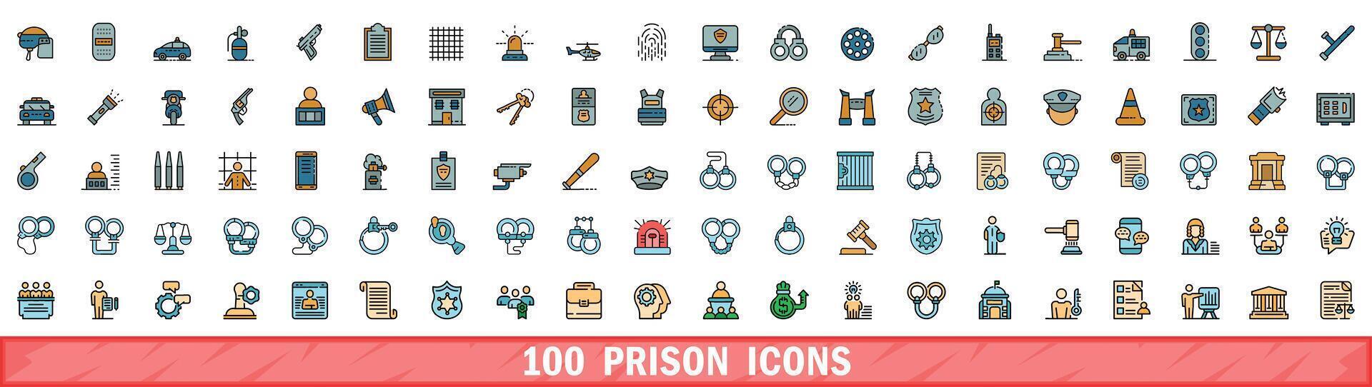 100 prison icons set, color line style vector