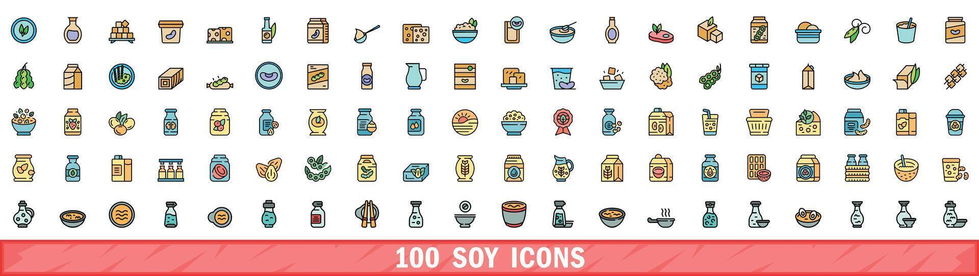 100 soy icons set, color line style vector