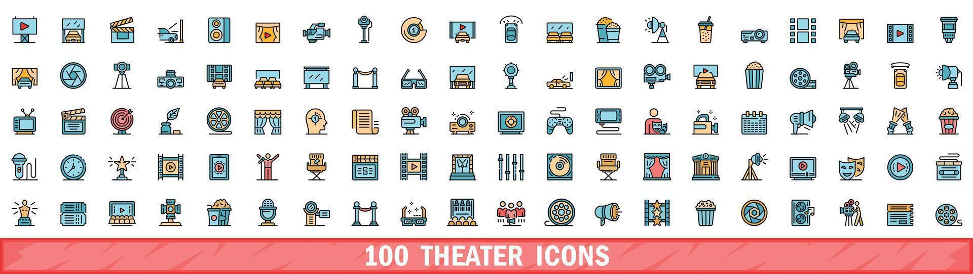 100 theater icons set, color line style vector