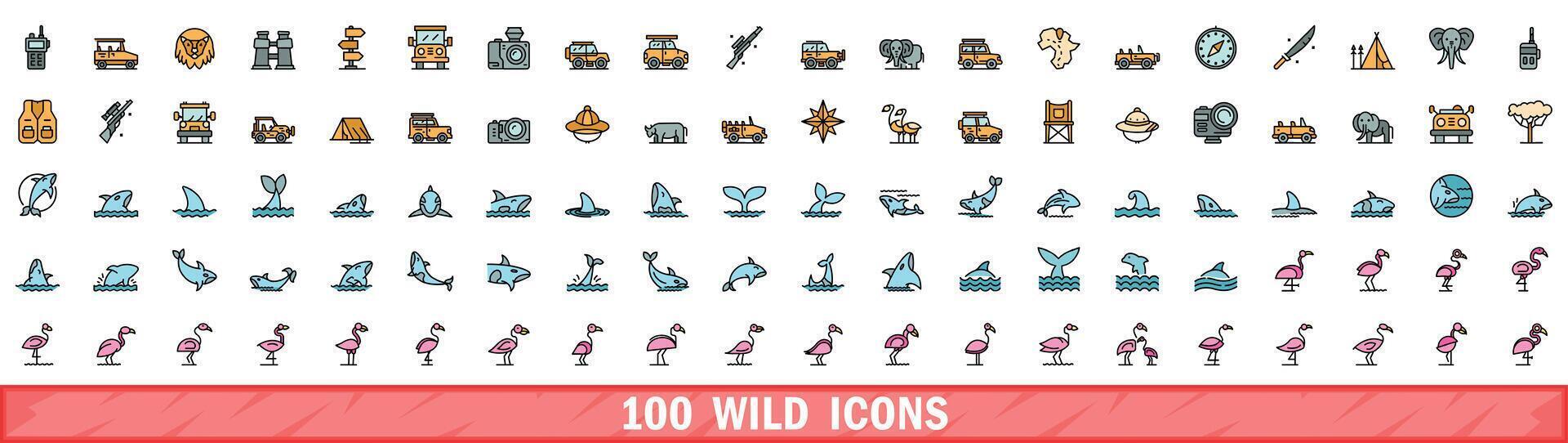 100 wild icons set, color line style vector