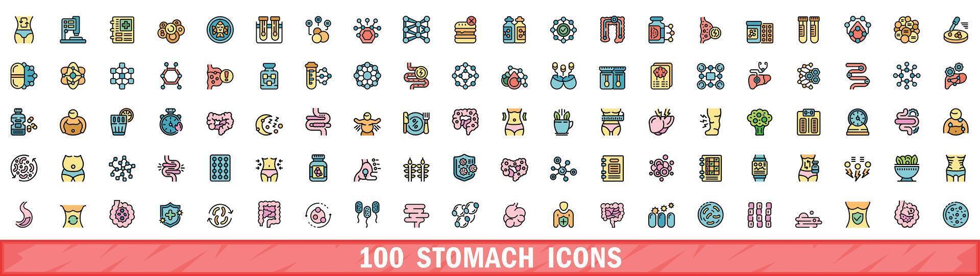 100 stomach icons set, color line style vector