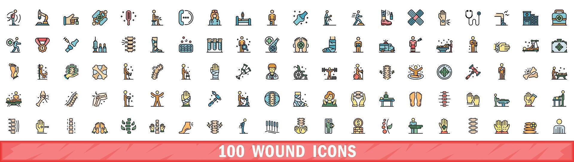 100 wound icons set, color line style vector