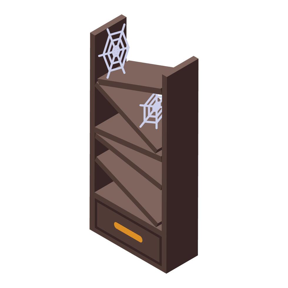 Old wooden bookcase covered with cobwebs isometric illustration vector