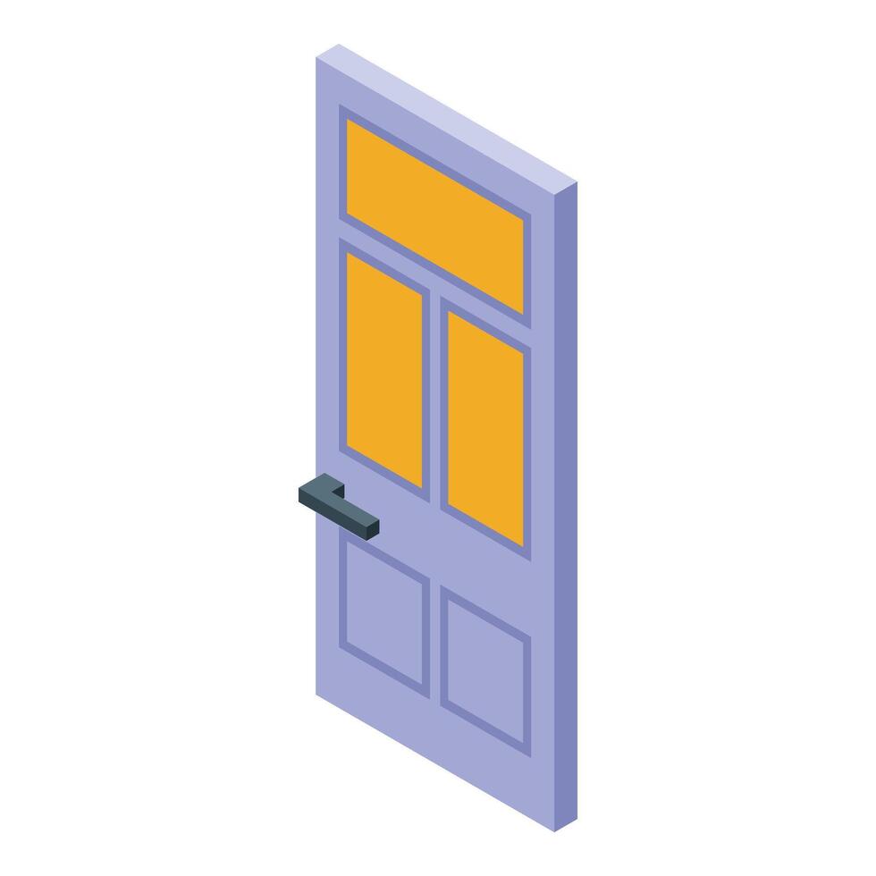 Isometric purple front door with yellow glass panels vector