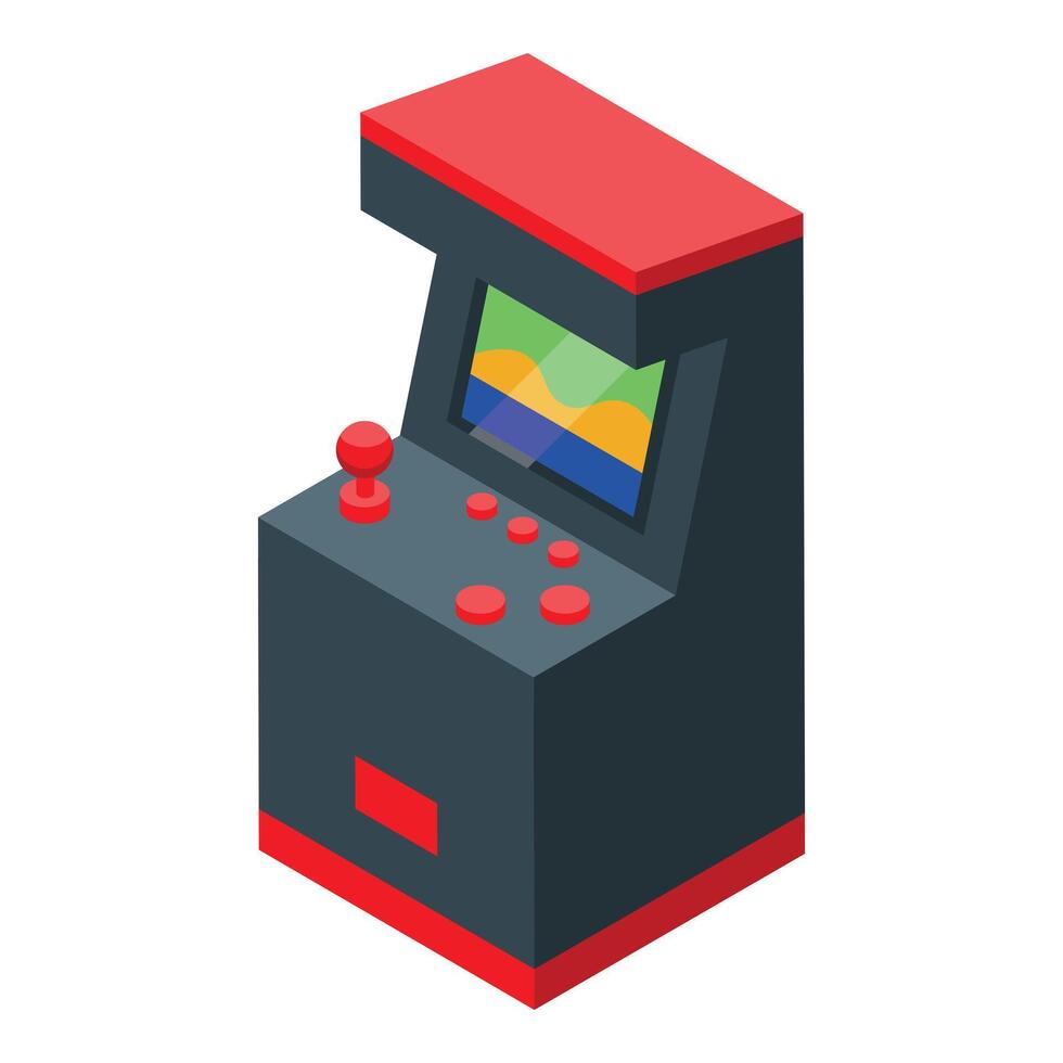 Arcade game machine displaying pixelated landscape game vector