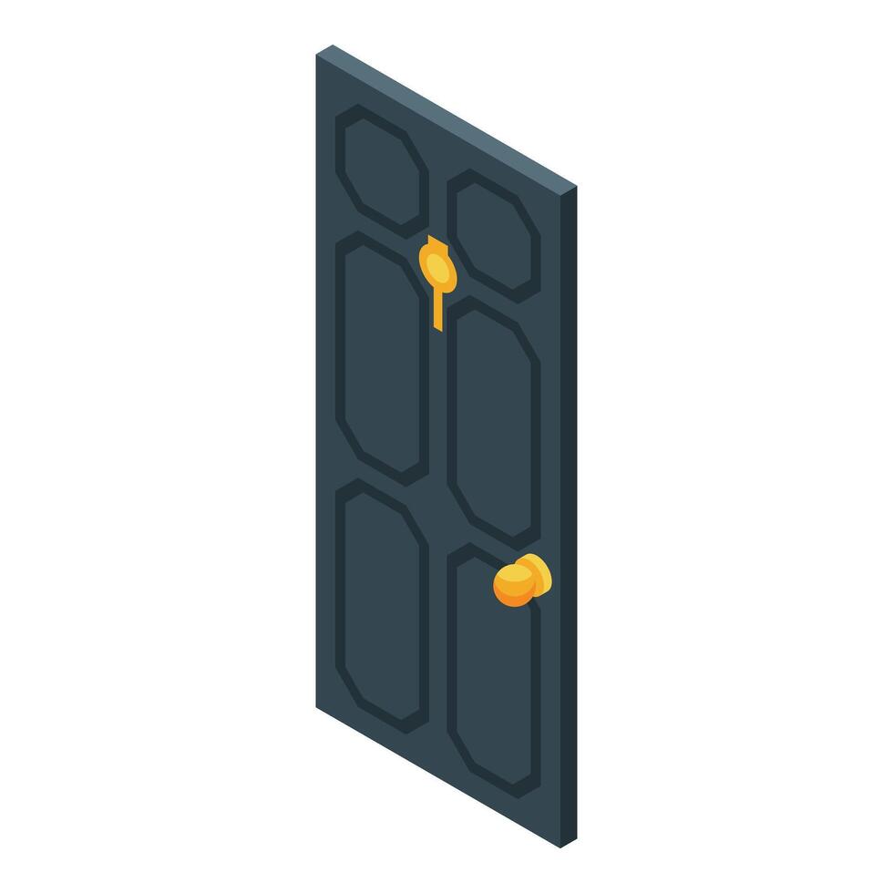 Dark grey isometric door with golden handle and keyhole vector