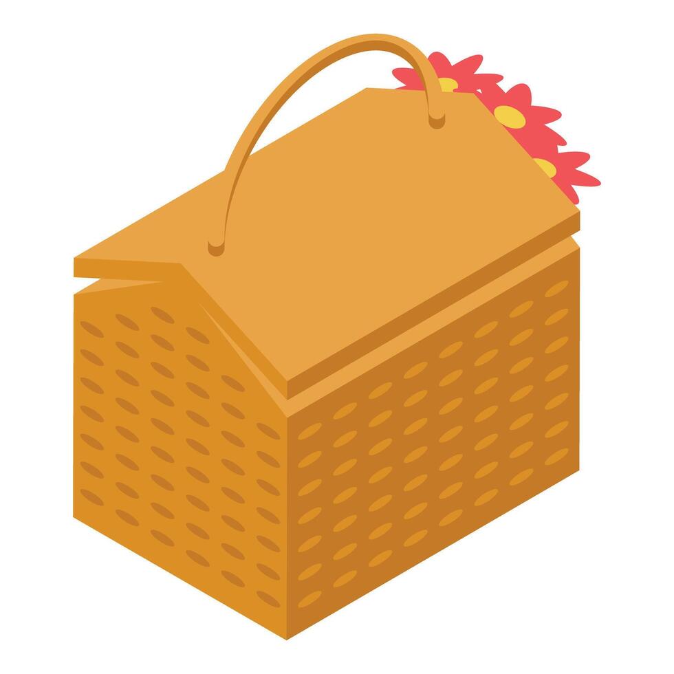 Wicker picnic basket with flowers isometric view vector
