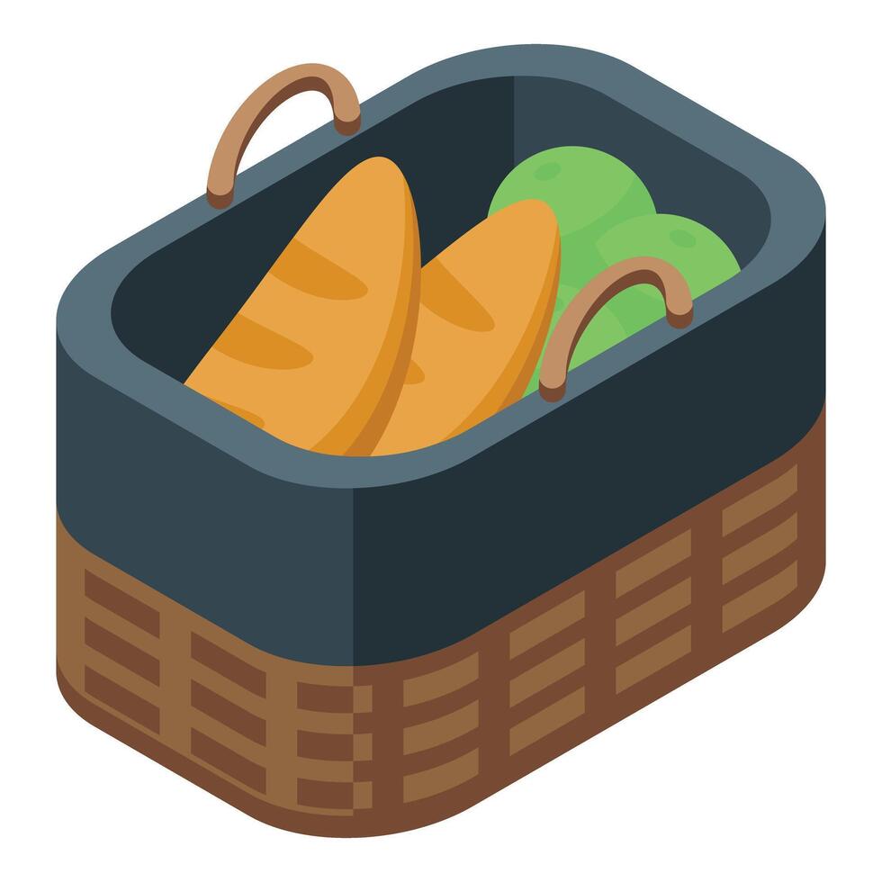 Wicker picnic basket containing bread and green apples for lunch break vector