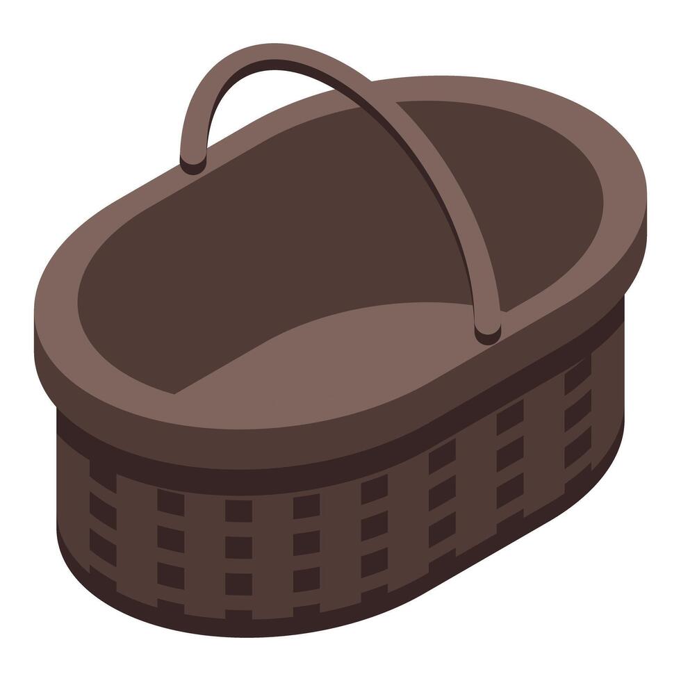 Empty wicker basket standing with raised handle isometric icon vector