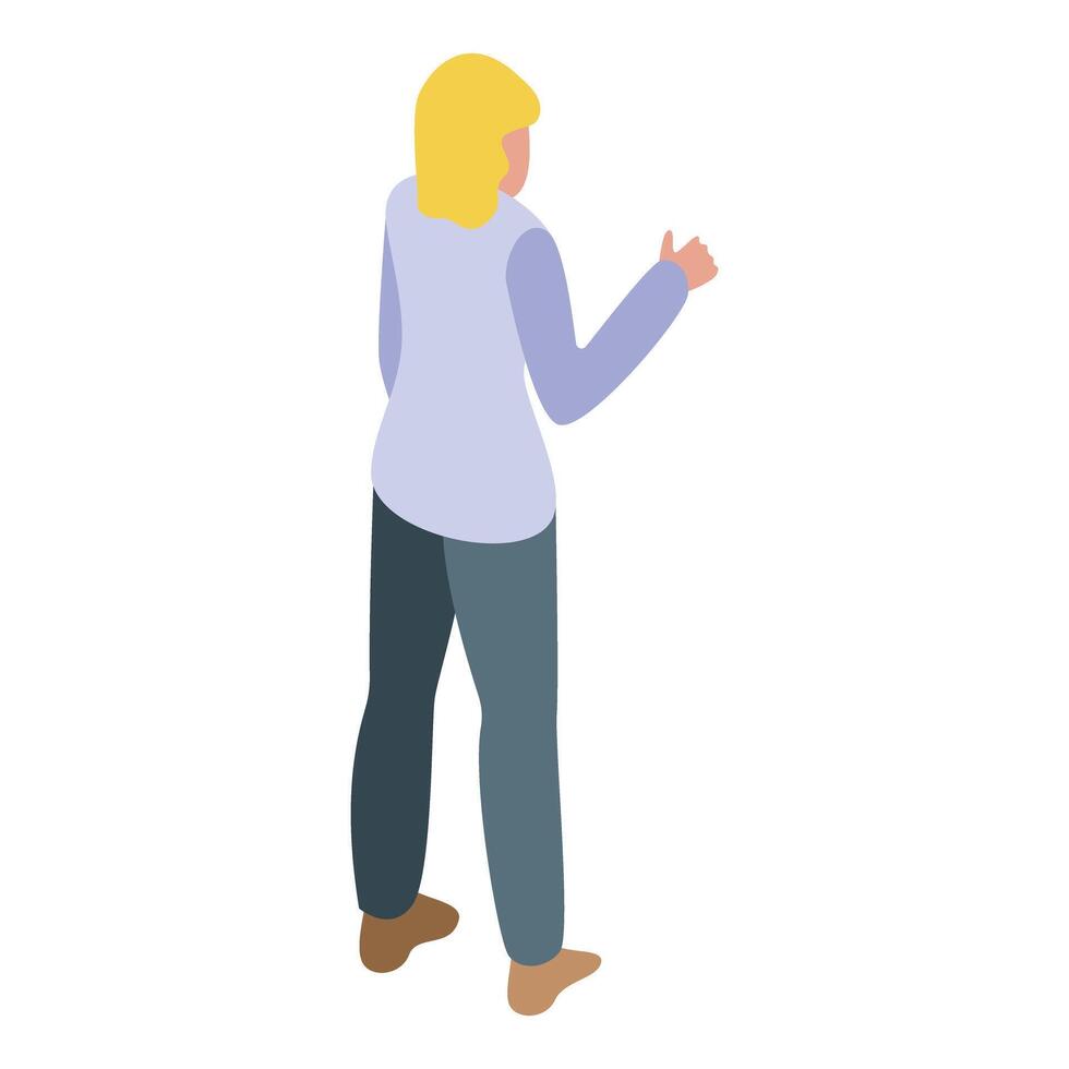 Businesswoman giving presentation pointing with hand showing something 3d isometric vector