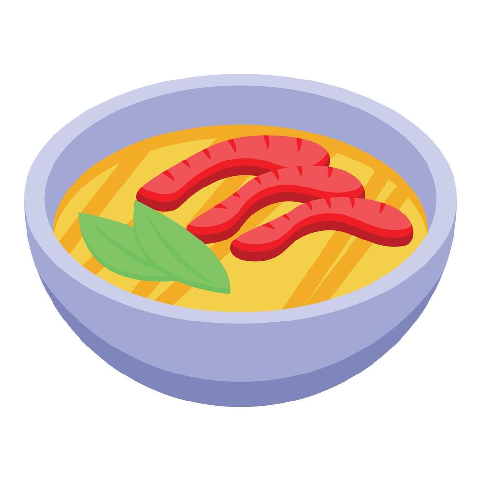 Bowl of thai soup with shrimps and green leaves isometric icon vector