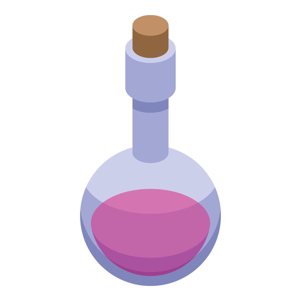 Round bottom flask containing pink liquid with cork stopper vector
