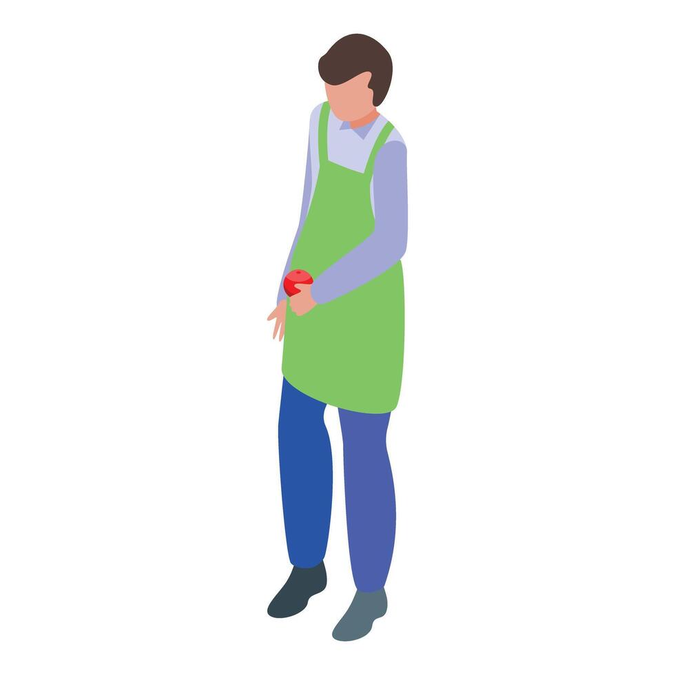 Grocery store clerk holding red apple isometric illustration vector