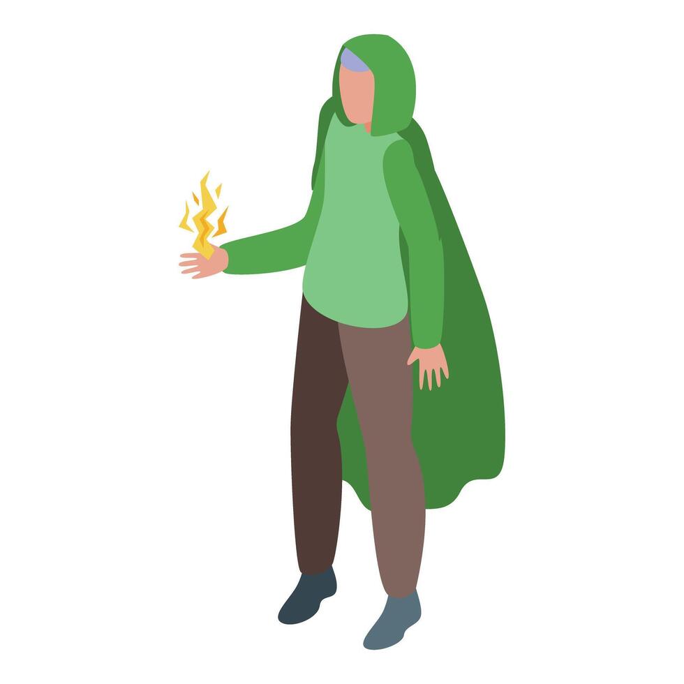 Green cloaked sorcerer casting lightning spell isometric icon vector