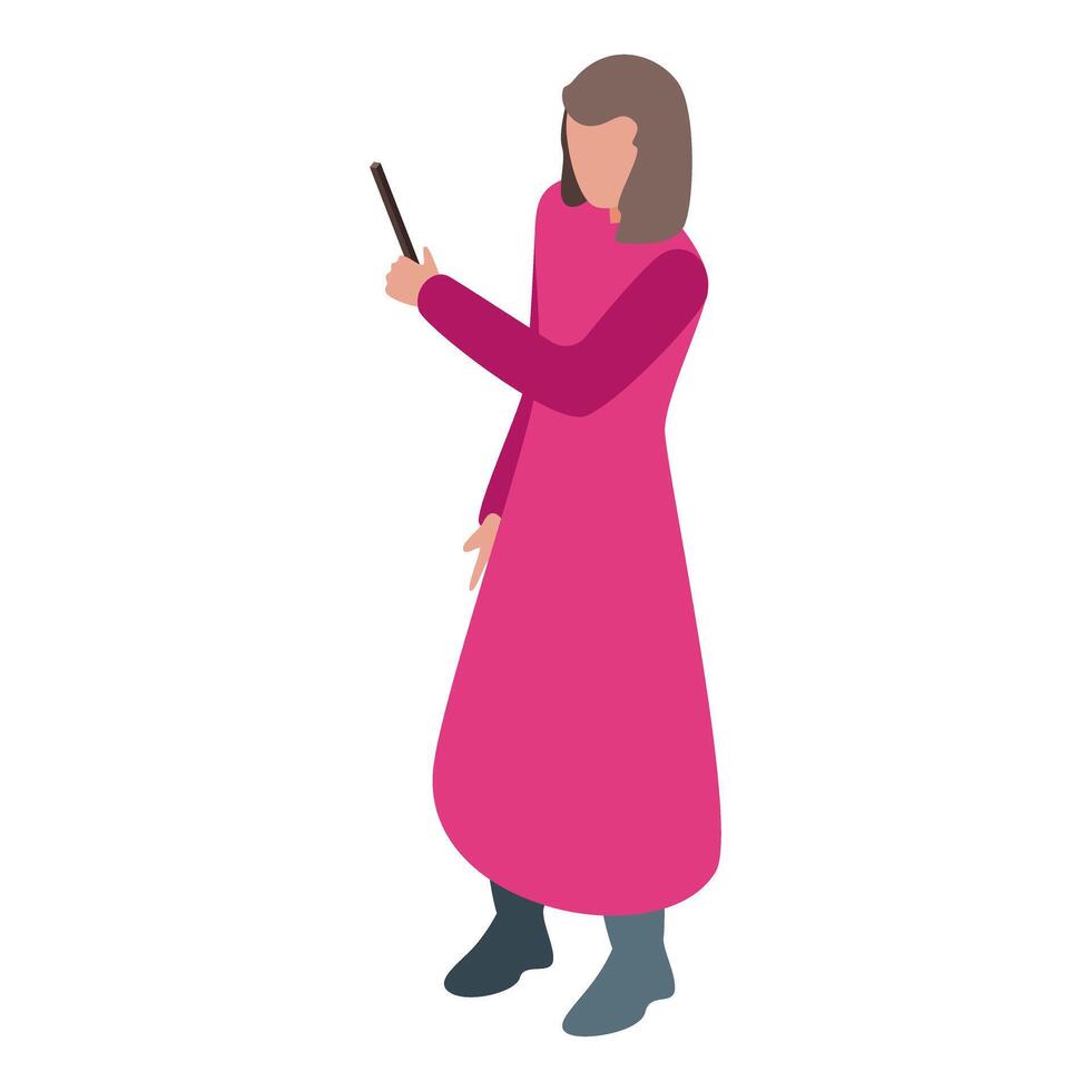 Young witch casting spell with magic wand isometric illustration vector