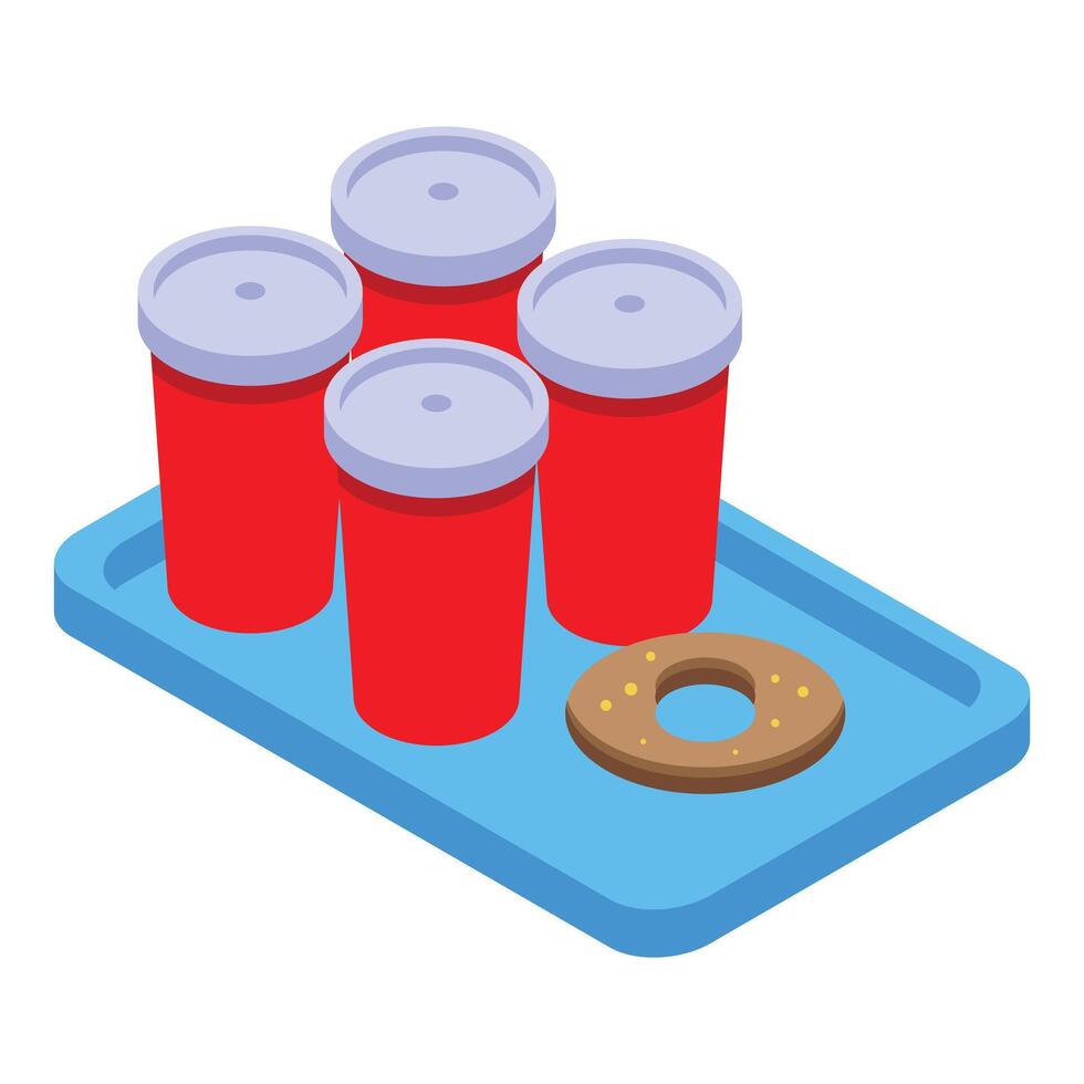 Four red paper coffee cups and a donut sitting on a blue tray vector