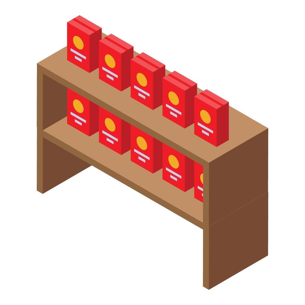 Supermarket shelf displaying cereal boxes isometric view vector