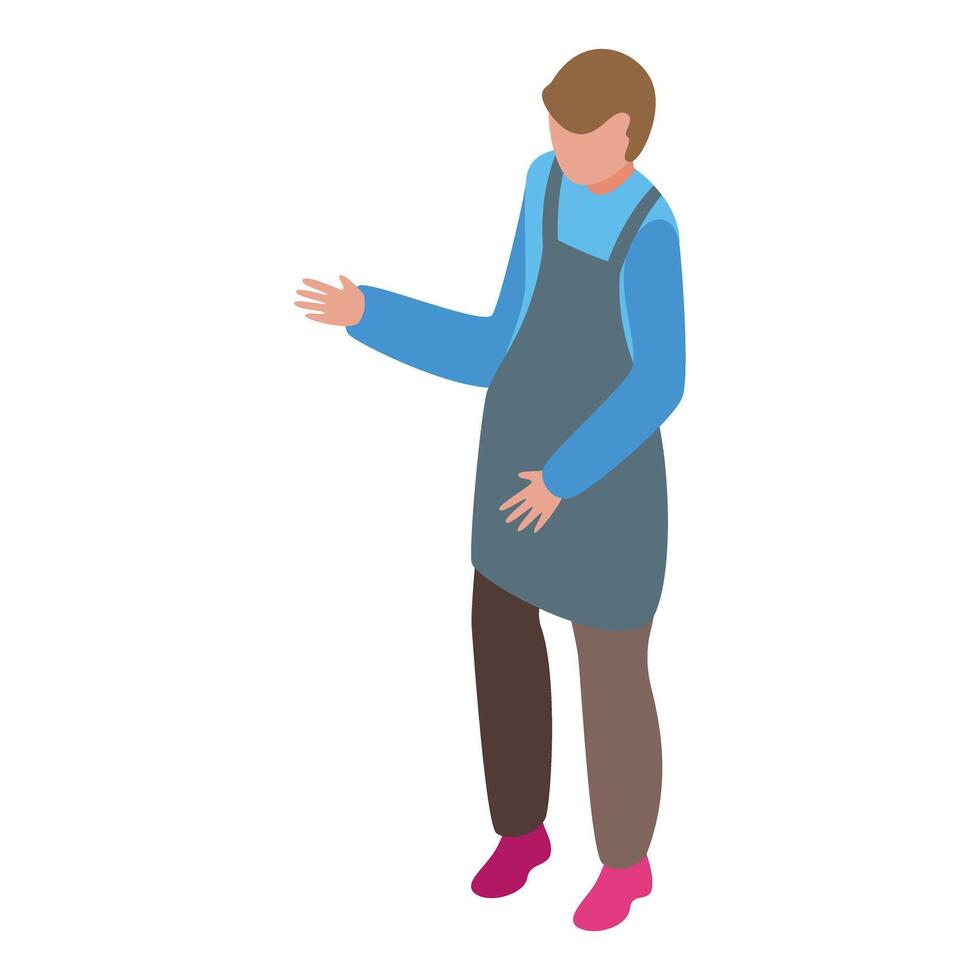 Supermarket seller wearing apron greeting customer isometric 3d vector