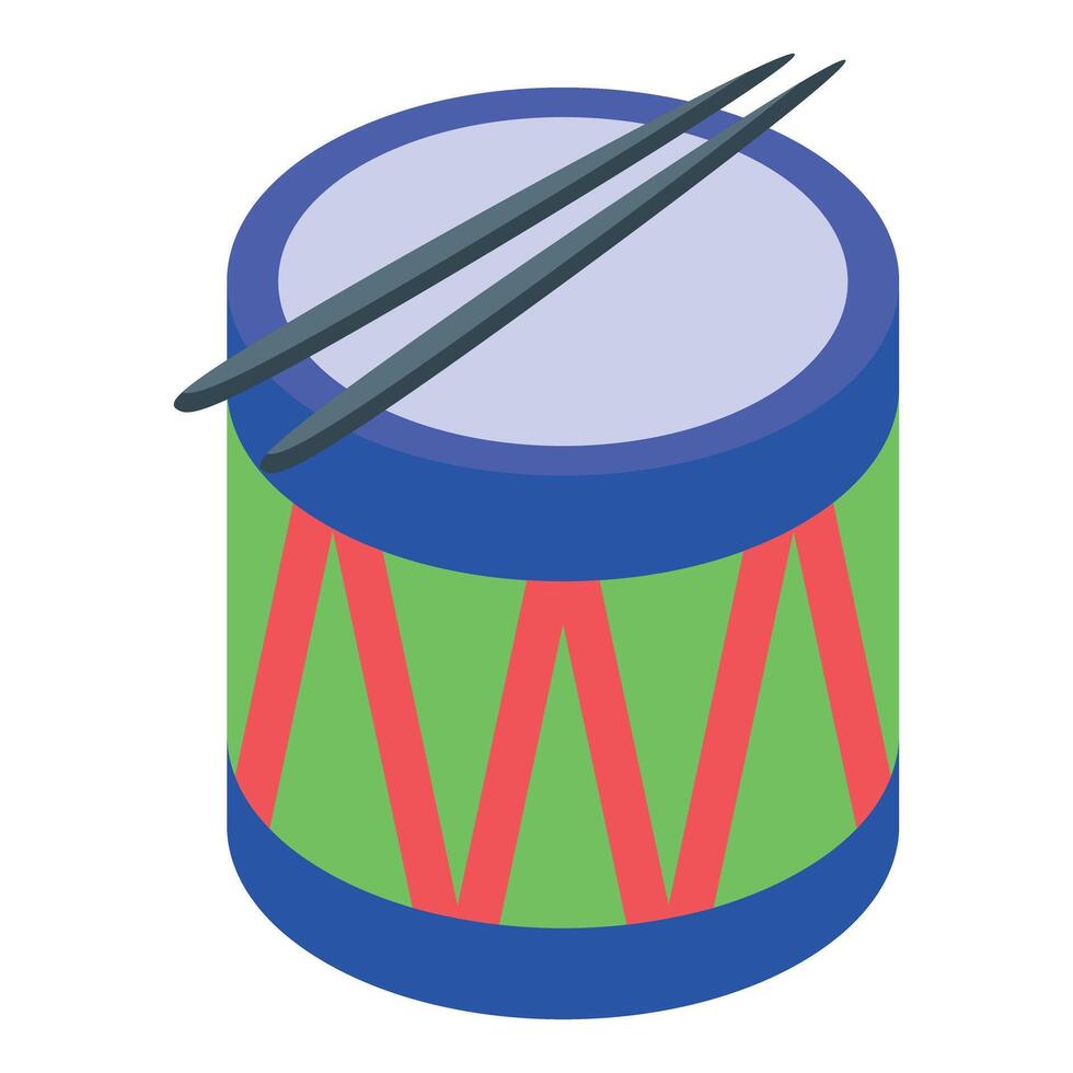 Colorful toy drum with drumsticks lying on top isometric illustration vector