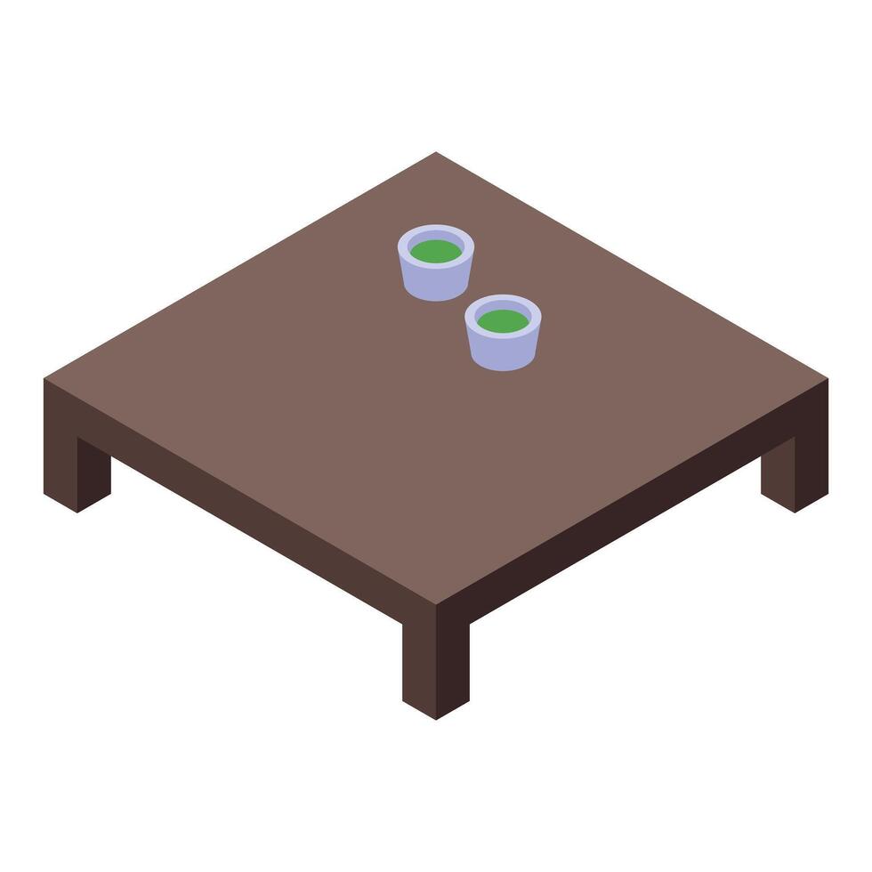 Square wooden table with two cups of green tea standing on top vector