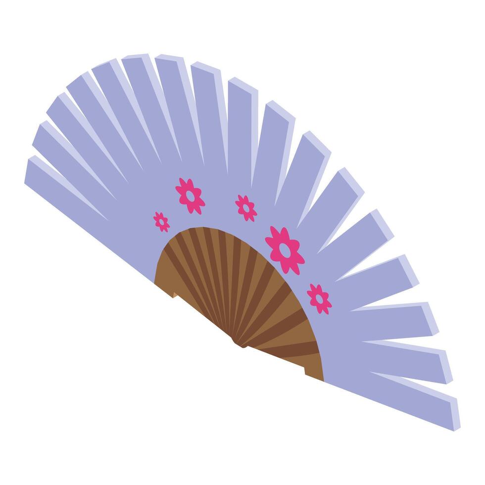 Purple hand fan with floral pattern is folded on white background vector