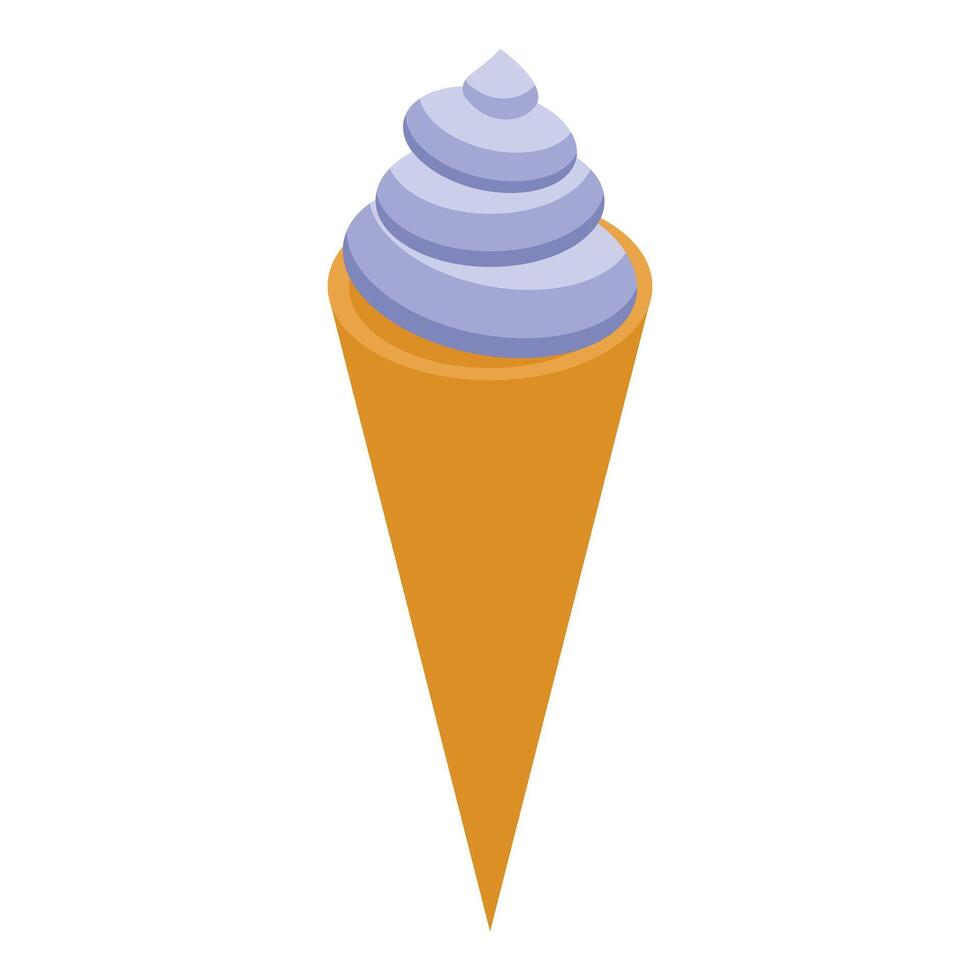 Delicious purple ice cream cone is standing up on white background vector