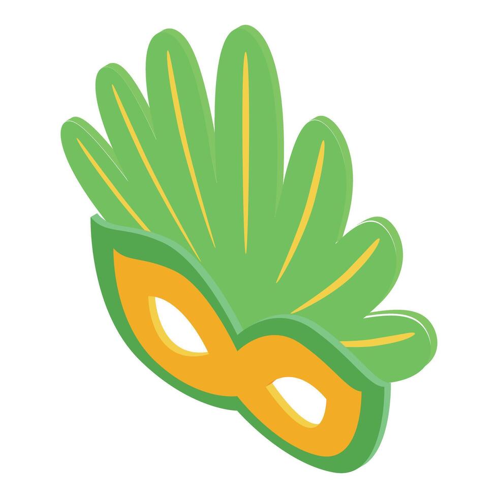 Green and yellow carnival mask with feathers isometric icon vector