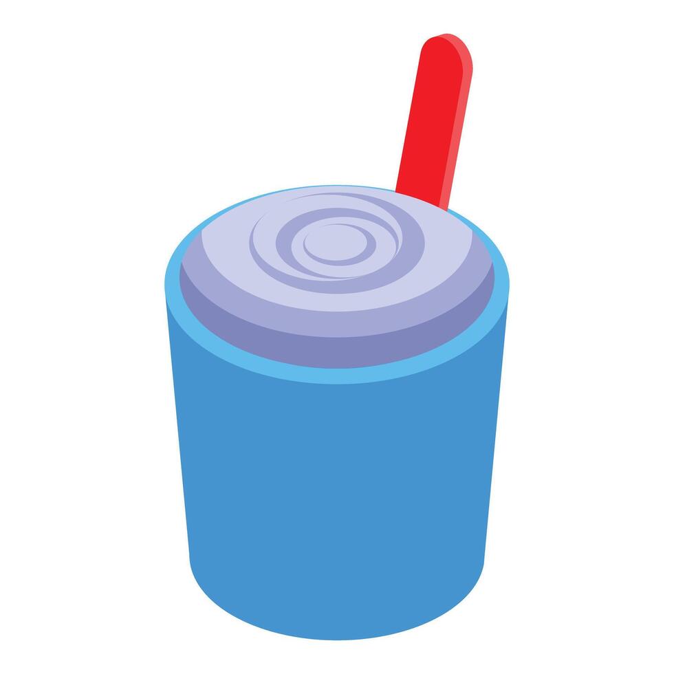 Blue cup containing swirled purple frozen yogurt or ice cream with red plastic spoon isometric illustration vector
