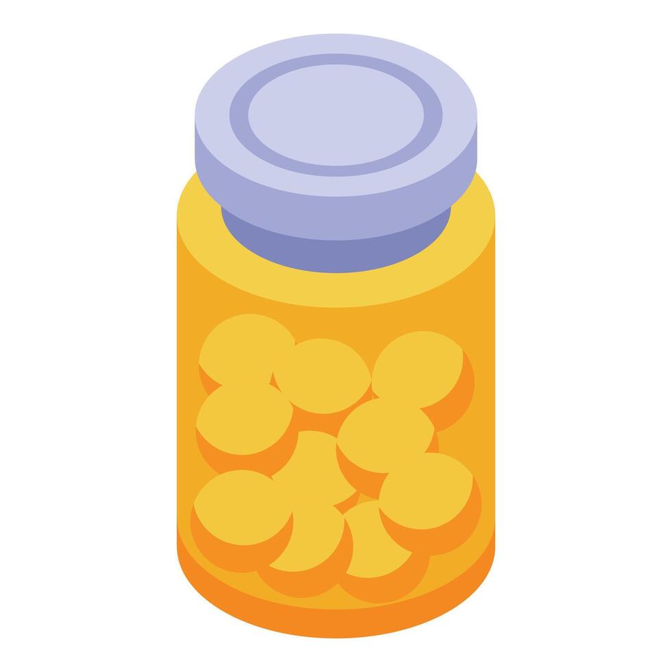 Glass jar filled with round yellow vitamins is standing on the table vector