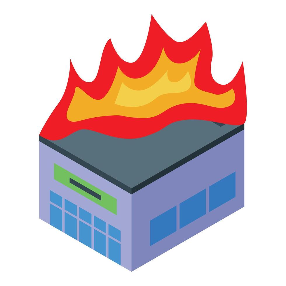 Industrial building burning in flames, isometric icon vector