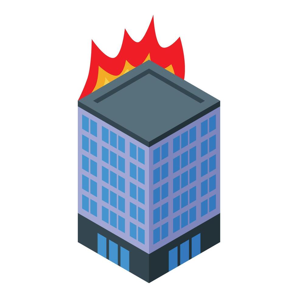Burning office building isometric icon burning vector