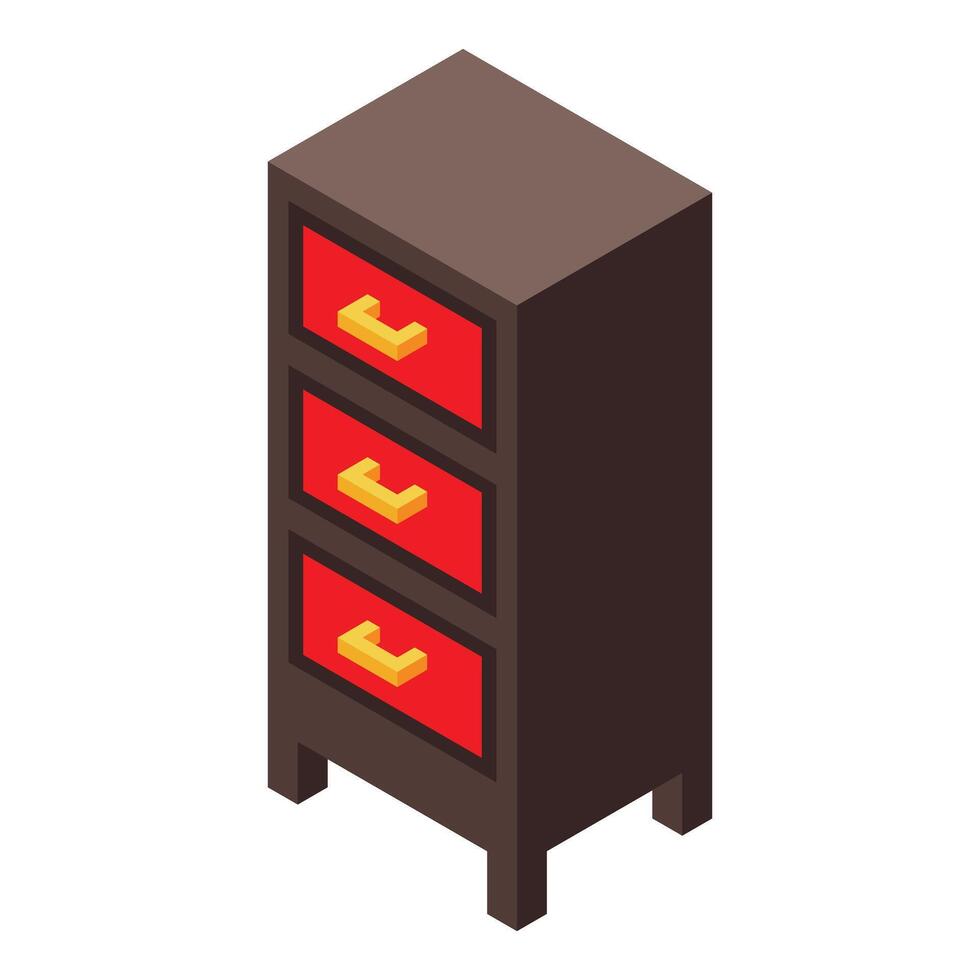 Wooden cabinet standing with red drawers isometric furniture illustration vector
