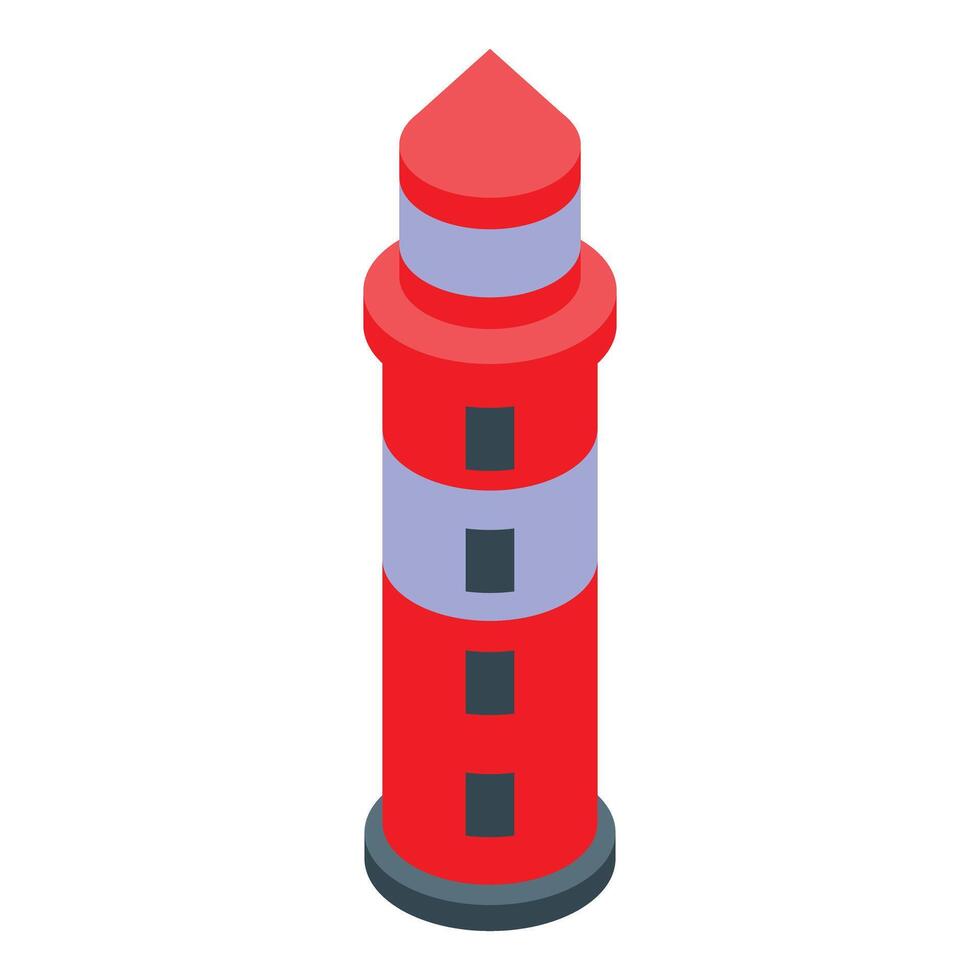 Red lighthouse guiding ships at night isometric icon vector