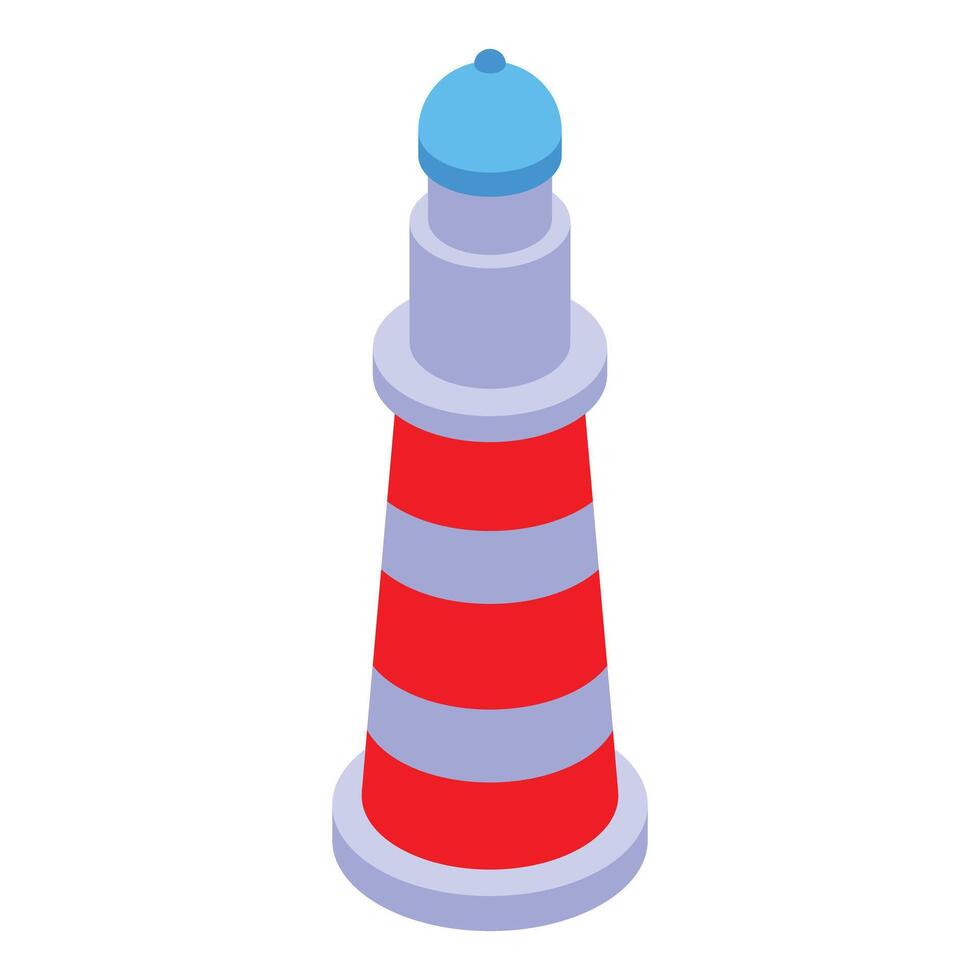 Red and white lighthouse standing on shore guiding ships at sea vector