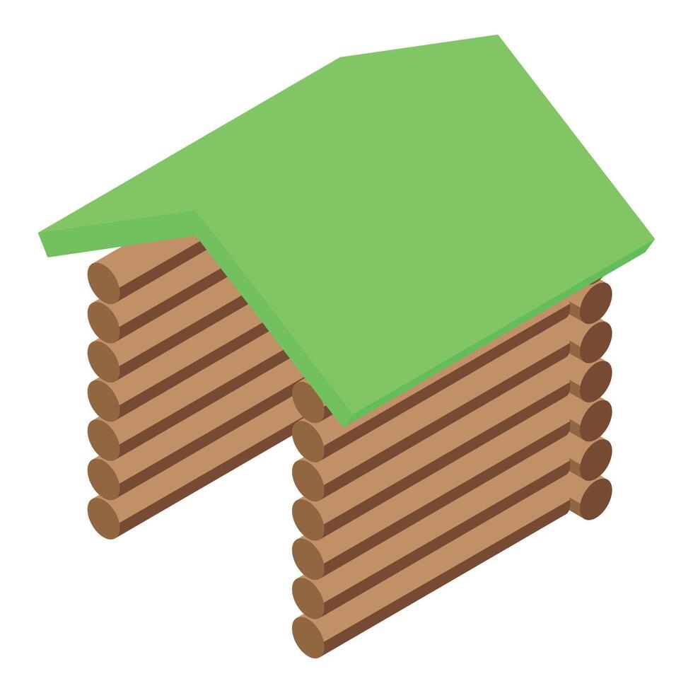 Green roof covering simple wooden log cabin isometric illustration vector