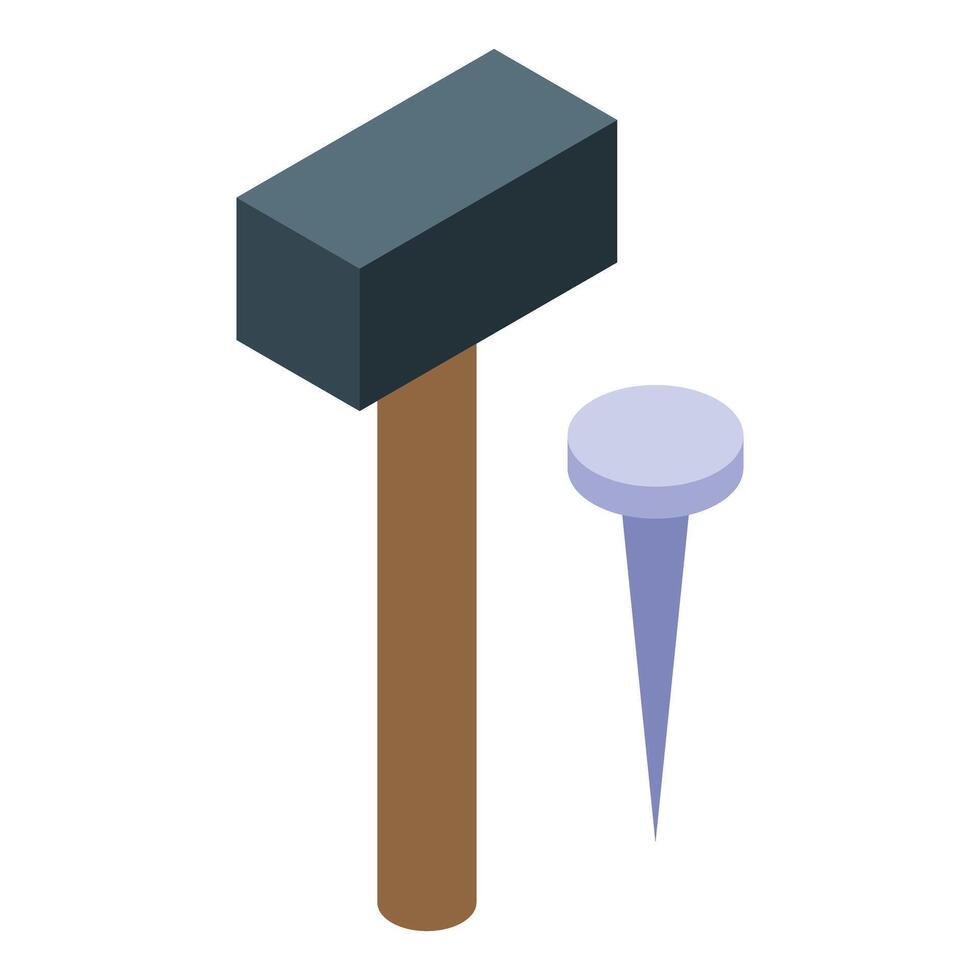 Sledge hammer standing near new metal nail isometric view vector