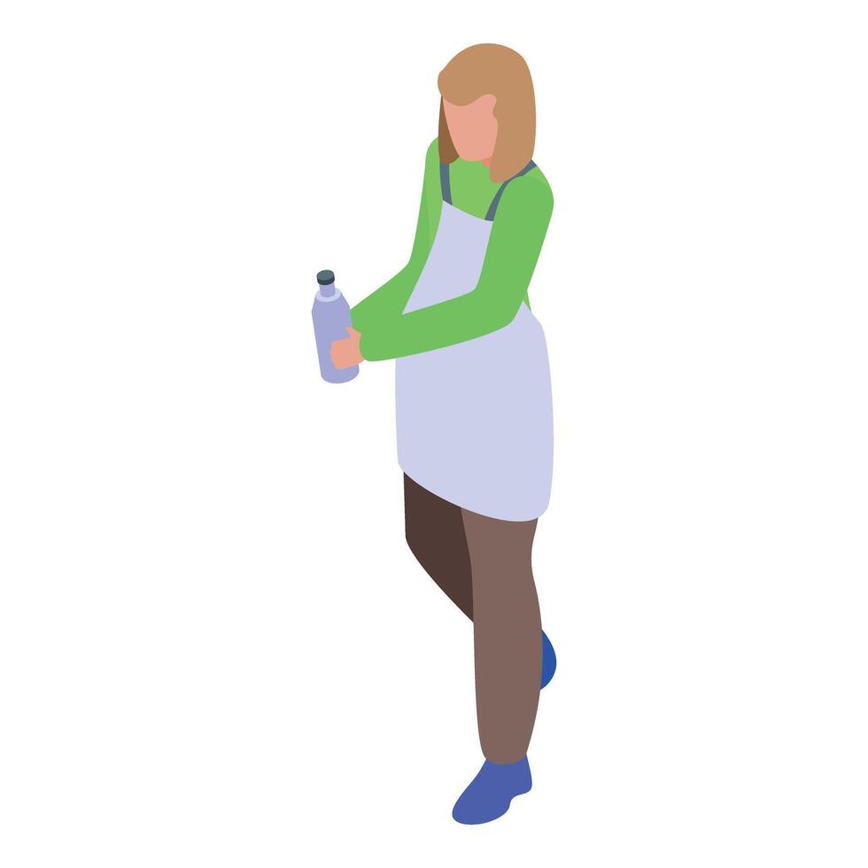 Woman cleaning service holding detergent bottle isometric view vector