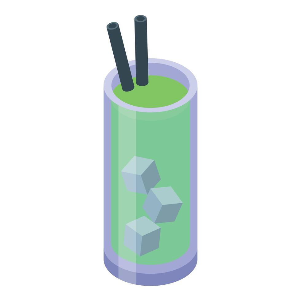 Green cocktail with ice cubes and two straws isometric illustration vector